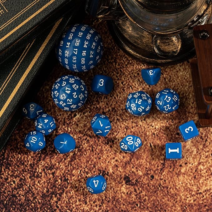 15 Pieces Complete Polyhedral DND Dice Set D3-D100 Spherical D&D Dice Set with Dragon Eye Dice Bag, D100 Dice for Dungeons and Dragons, RPG, MTG Table Games(Blue w/White Numbers)