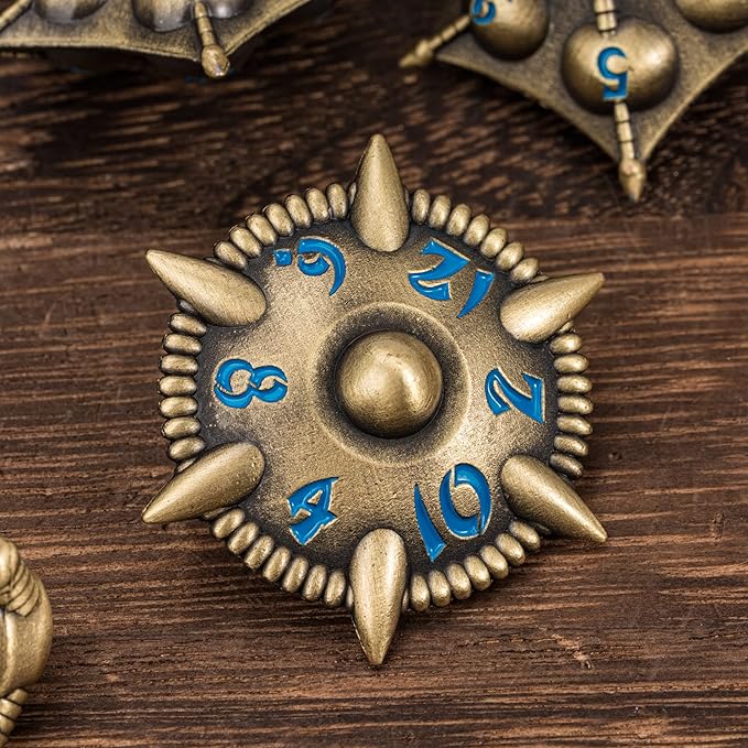 UDIXI Dragon Metal Dice Set D&D, 7-die Polyhedral Dice Set with Unique Shape for DND Dungeons and Dragons Role Playing Games(Bronze with Blue Number)