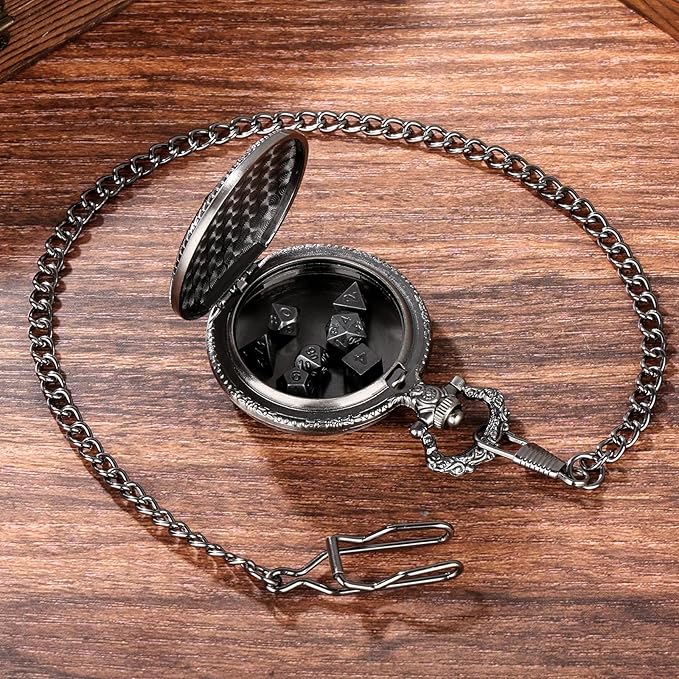 Mini DND Dice Set with Dragon Engraved Pocket Watch Shell Case, 7pcs Polyhedral Metal D&D Dice Set, DND Gifts with Gift Box, Role Playing Board Games Accessories, Dark Silver