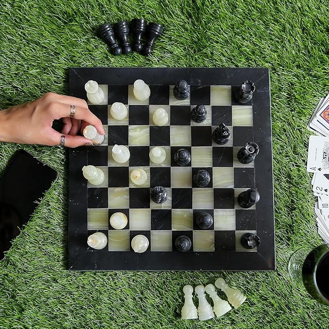 15 Inch Luxury Chess Set Classic Chess Boards for Adults with Handcrafted Stone Board & Marble Chess Pieces Ideal for Home Decor (Black & Onyx)