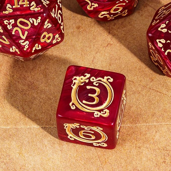 7-Die DND Dice Set Dragon Pattern Polyhedral Dice Set with Leather Bag D&D Dice Set for Dungeons and Dragons RPG MTG Table Games (Red W/Gold Dragon Pattern)