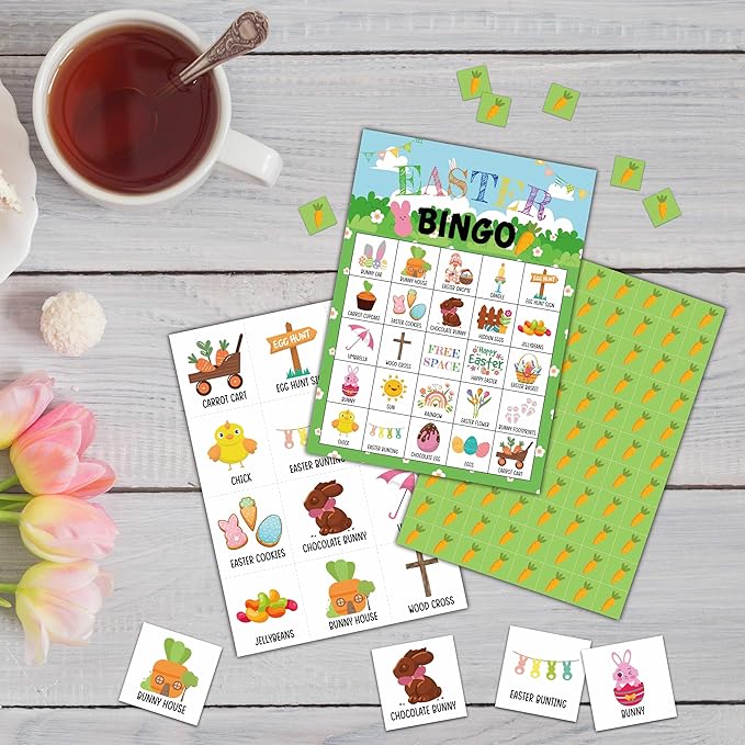 Easter Day Bingo Games - Bunny Bingo Card - 24 Players Bingo Game Set for Adult Family Friends Colleagues - School Classroom Indoor Outdoor Activities - Spring Party Favors Supplies -C02