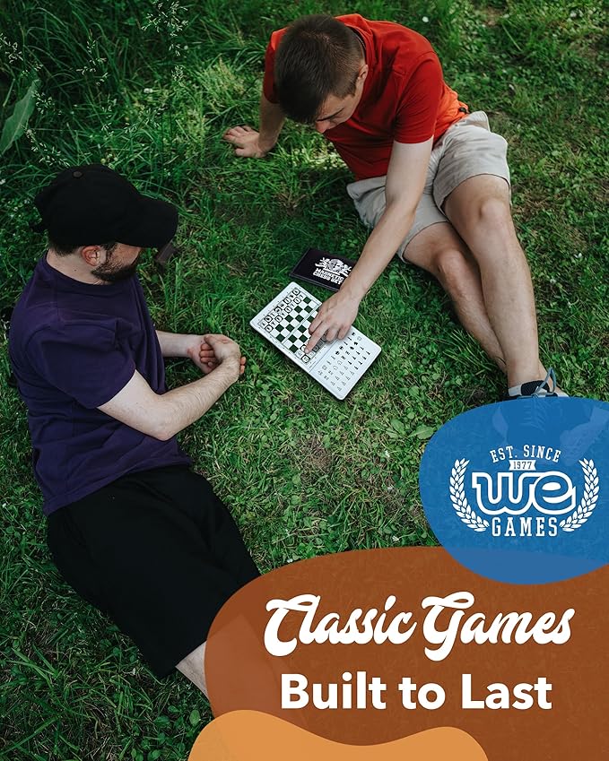 WE Games Mini Magnetic Travel Chess Set – 6-Inch Foldable Board with Durable Vinyl Pieces & Extra Queens– Indoor & Outdoor Magnetic Chess Game - White Logo