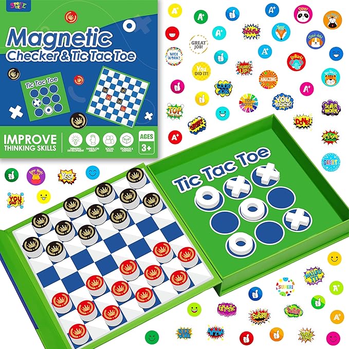2 in 1 Checkers Set, Magnetic Game Board -Checkers & Tic-Tac-Toe, Thick Foam Checker Road Travel Game with 59 Reward Stickers for Young Kids Aged 3+