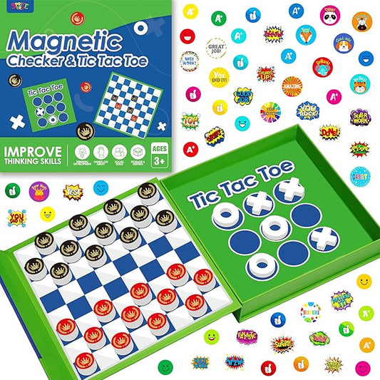 2 in 1 Checkers Set, Magnetic Game Board -Checkers & Tic-Tac-Toe, Thick Foam Checker Road Travel Game with 59 Reward Stickers for Young Kids Aged 3+