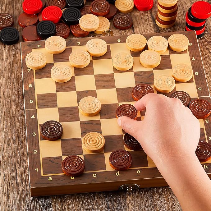 48 Pieces Wooden Checkers 1.06 Inch Wooden Checkers Pieces with Stackable Ridge in Drawstring Storage Pouch Red Black Dark Brown Wood Color (Red, Black, Dark Brown, Natural Color)