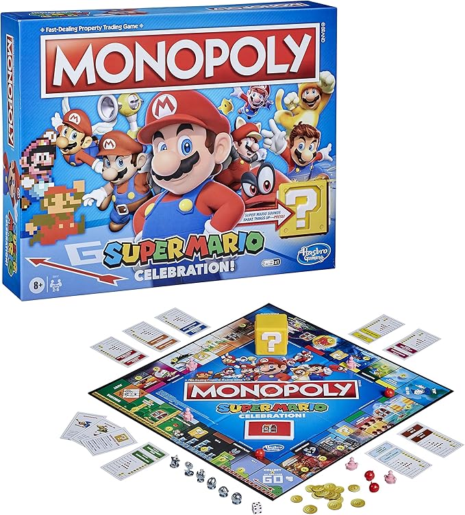 Monopoly Super Mario Celebration Edition Board Game for Super Mario Fans for 4 Players Ages 8 and Up, with Video Game Sound Effects