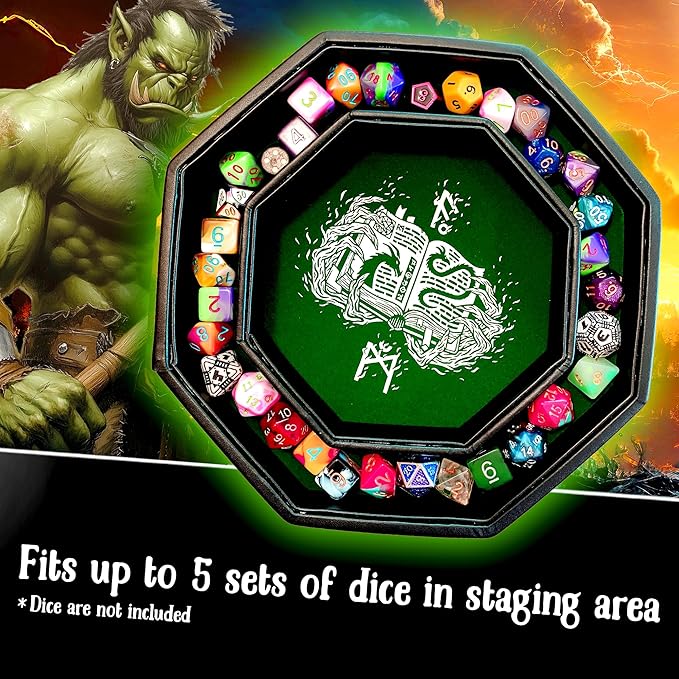 Green Fire Dragon Dice Tray with Wizard Book Print – 9" Octagon with Dice Staging Area, Holds 5 Dice Sets – Ideal for Tabletop RPGs and Board Games