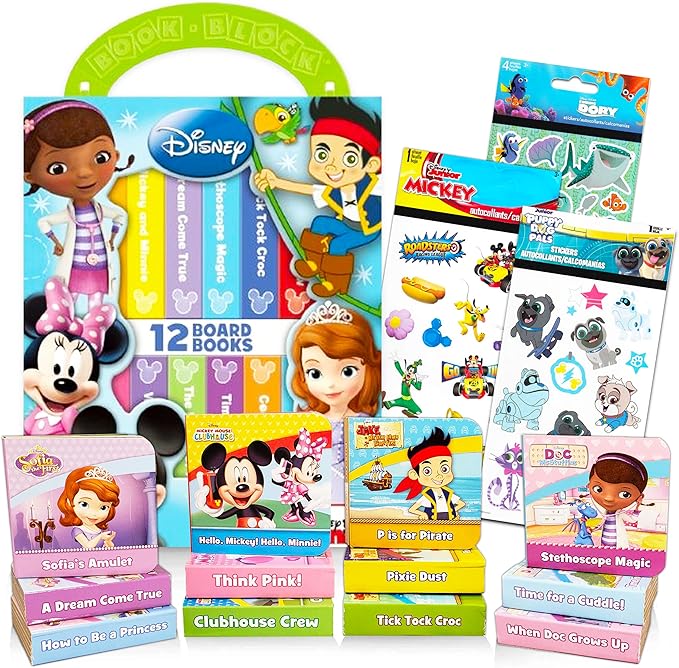 Disney Book Set for Toddlers ~ Pack of 12 Disney Board Books with Case and Stickers