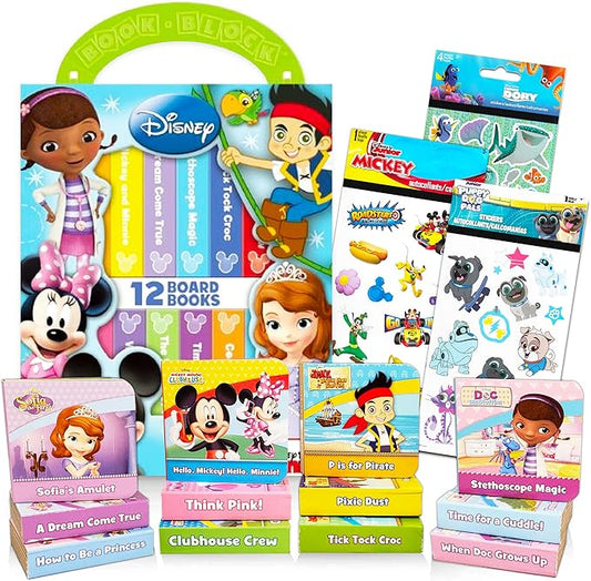Disney Book Set for Toddlers ~ Pack of 12 Disney Board Books with Case and Stickers