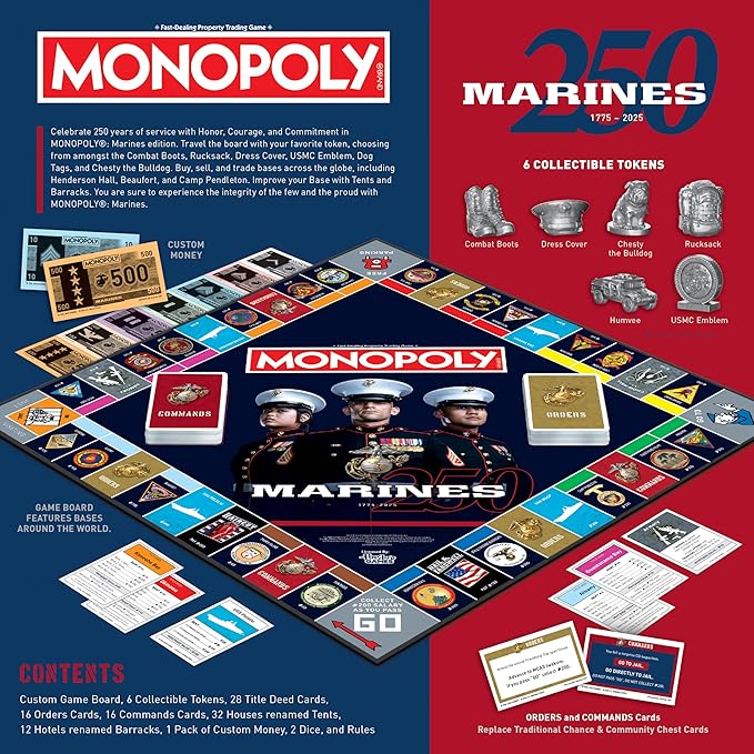Monopoly: Marines 250th Anniversary Edition, Celebrate 250 Years, Buy Bases Worldwide and Upgrade with Tents & Barracks, Play as Tokens: Combat Boots, Bulldog, & More, Officially Licensed Merchandise