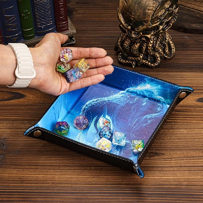 Dice Rolling Tray D&D Folding Square DND Dice Trays PU Leather Desk Organizer Accessory Case for Desktop Storage and RPG Board Games, Jewelry Valet Tray for Women and Men