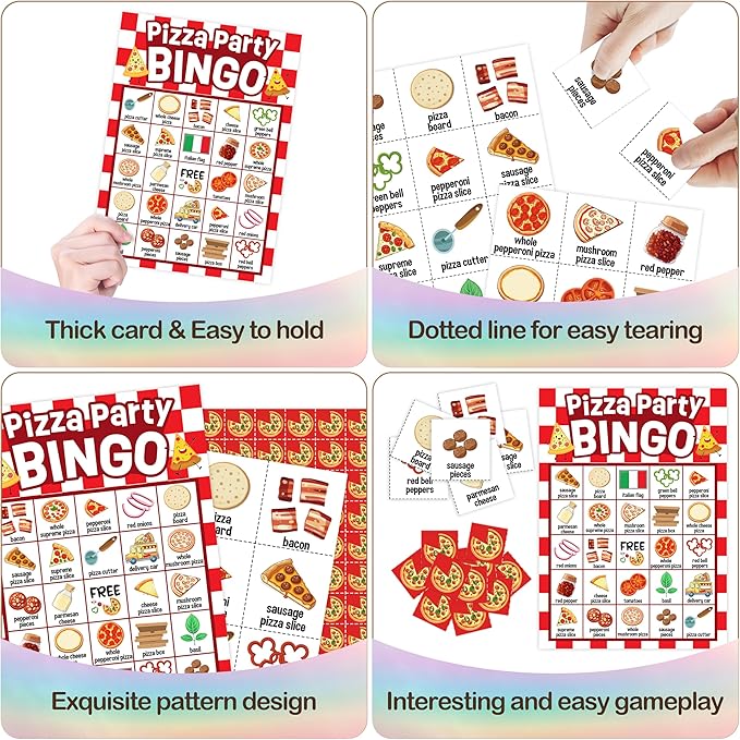 Pizza Party Bingo Card, Pizza Bingo Set for Adults Large Group Family Friends, Sleepover Party Game, Gourmet Food Bingo Kit for Birthday, Holiday Games for 24 Players -05