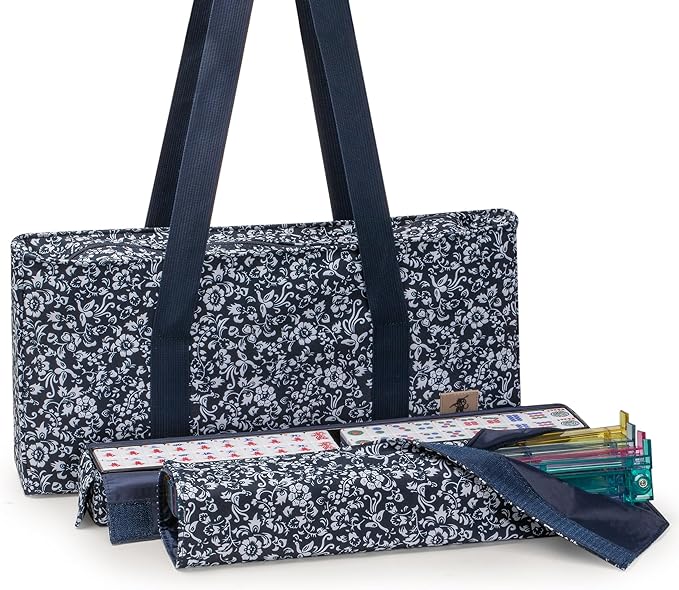 Yellow Mountain Imports American Mahjong Set, Chinoise II with Floral Blue Soft Case - All-in-One Racks with Pushers, Wright Patterson Betting Coins, Dice, & Wind Indicator