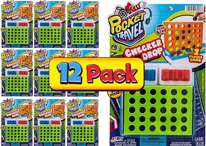 JA-RU Mini Connect Travel Game Board (12 Toys) Family Board Games for Kids. Original Pocket Travel Size Games. Fun Indoor & Outdoor Toys. Classic Checkers Party Favors. 3253-12