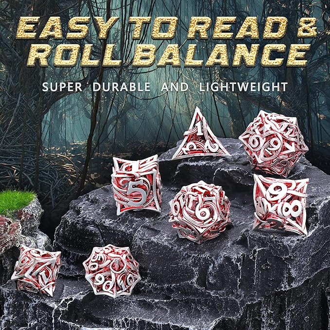 DND Dice Metal for Dungeons and Dragon 7 Polyhedral Dice Set Hollow Metal Vine D&D Dice for Role Playing Game RPG (White Red)