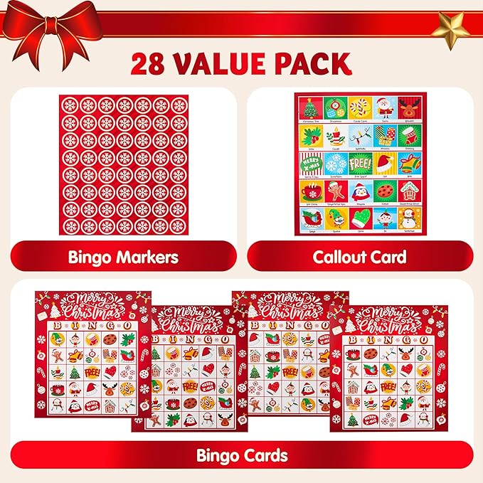 JOYIN 28 Players Christmas Bingo Card Games Set for Kids Xmas Party Board Games, Winter Bingo Card, School Classroom Charades Games, Party Supplies, Family Group Activity