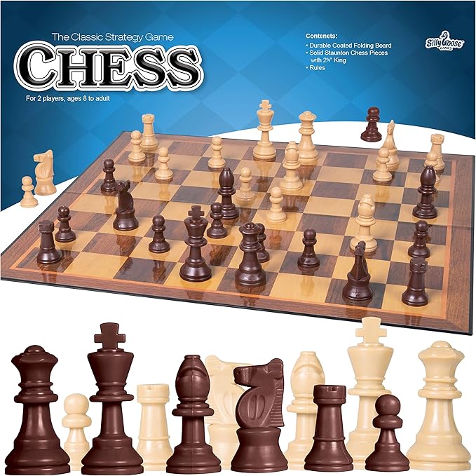 Silly Goose Chess Game, Cardboard Folding Chess Set with Plastic Chess Pieces, Board Games
