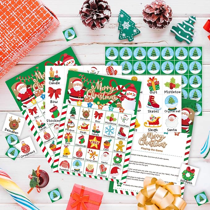 45PCS Christmas Bingo Game Cards for 24 Players Christmas Bingo Games for Classroom Activities Family Party Favors Xmas Gifts Holiday Supplies