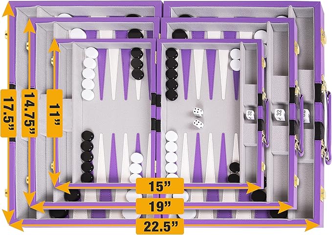 Backgammon Set 11 inch, Small - Classic Board Game for Adults and Kids with Premium Leather Case - Includes Strategy & Tip Guide (Purple)
