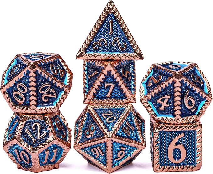 7-Die Metal DND Dice Set, Serrated Design Metal Dice Set 7 Pcs D&D Dice Set for Dungeons and Dragons Role Playing Game(RPG),Pathfinder,Table Game,Board Games(Red Copper Blue)