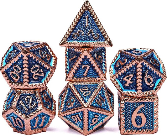 7-Die Metal DND Dice Set, Serrated Design Metal Dice Set 7 Pcs D&D Dice Set for Dungeons and Dragons Role Playing Game(RPG),Pathfinder,Table Game,Board Games(Red Copper Blue)