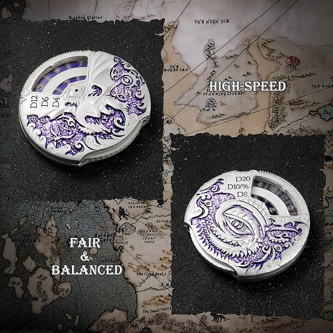 DNDND Dungeons and Dragons Roulette Spinner Dice 7-in-1 Spinner Metal D&D Dice Set with Gorgeous Gift Box for Dungeons and Dragon and Tabletop Game (Silver with Purple)