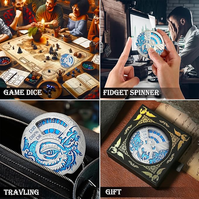 DND Dice DNDND Dragon Roulette Spinner D&D Dice 7-in-1 Spinner Metal DND Dice Set with Luxulious Gift Box for Dungeons and Dragon and Tabletop Game (Silver with Blue)