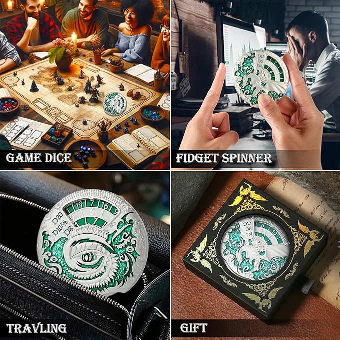 DNDND Dragon Roulette Spinner Metal Dice 7-in-1 Fidget Spinner DND Dice Set with Gorgeous Gift Box for Dungeons and Dragon and Tabletop Game (Silver with Green)