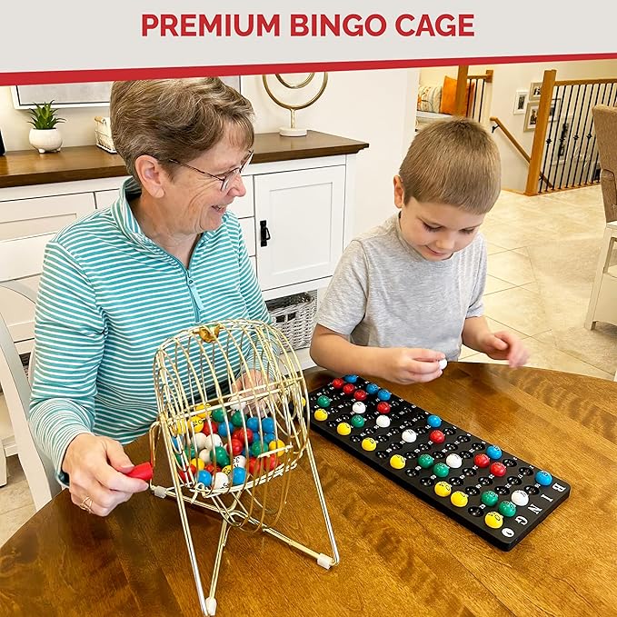 MR CHIPS 11" (Inch) Tall Professional Bingo Set with Steel Cage, Everlasting 7/8” Balls, Master Board for Balls - Luxury Gold Color