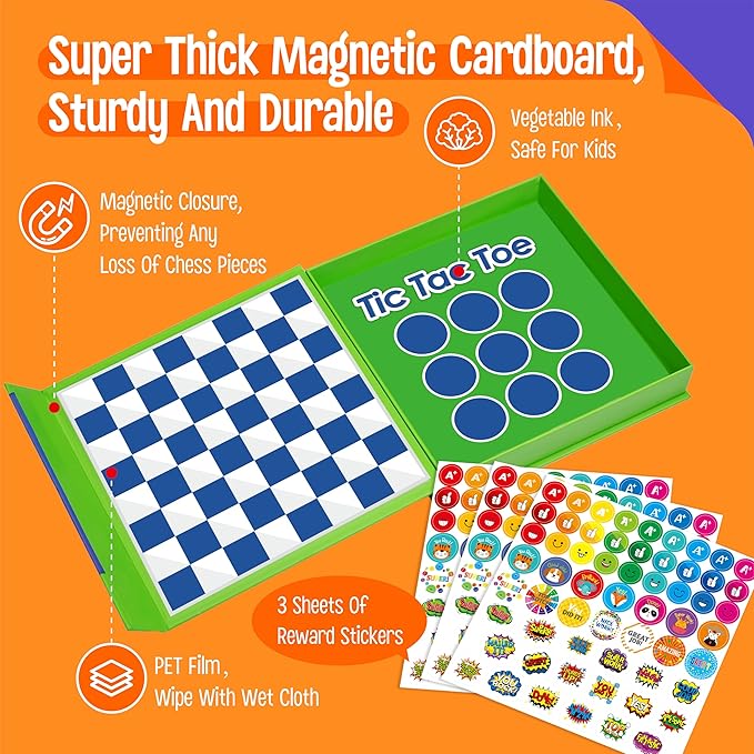 2 in 1 Checkers Set, Magnetic Game Board -Checkers & Tic-Tac-Toe, Thick Foam Checker Road Travel Game with 59 Reward Stickers for Young Kids Aged 3+
