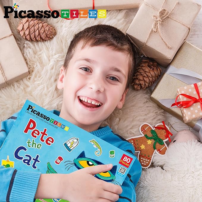 PicassoTiles Pete The Cat Board Game Puzzle Activity Play Book Magnet Mix and Match Cartoon Toy Playset with Storage Reusable Magnetic Figures Storytelling STEM Education Learning Kids Ages 3+ PTC02