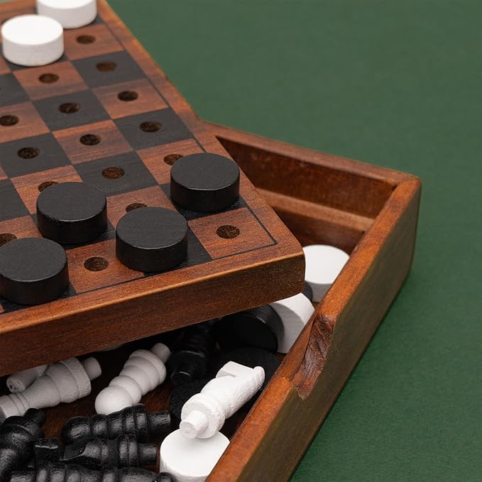 Iron & Glory Chess Board & Checkers Set | Wooden Puzzles & Games | Board Games for Family Night | Travel Games for Kids & Travel Gifts | Coffee Table Decor | Family Board Games for Games Night