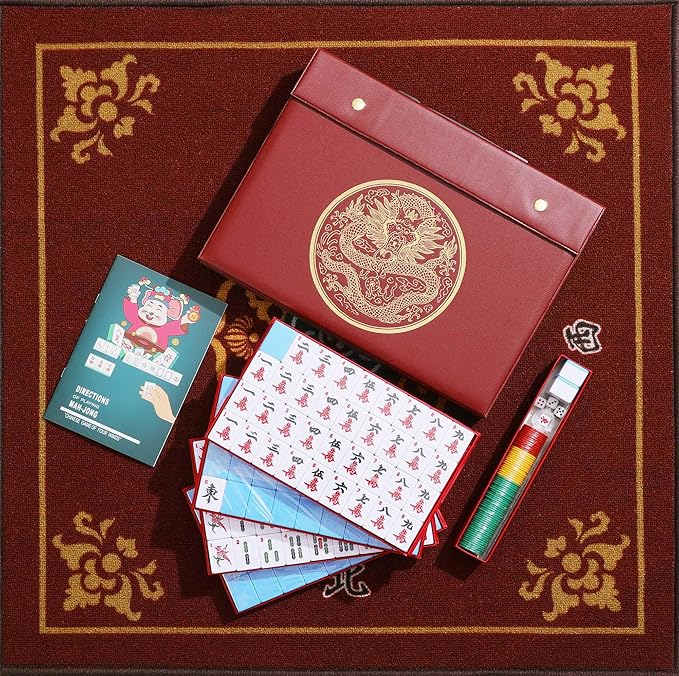 Mose Cafolo Chinese Mahjong Game Set 1.5" X-Large 144 Numbered White Blue Melamine Tiles with Carrying Travel Case,Complete Majong Majiang, Mah Jonng Game Set