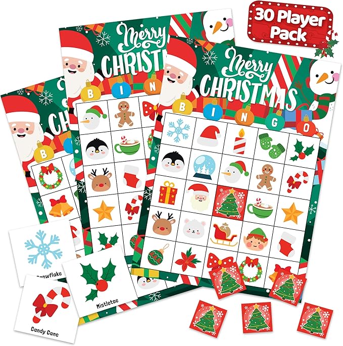 Christmas Bingo Game for Kids, Adults & Large Groups - 30 Players - Fun & Exciting Christmas Games for Family Party, Classroom Party - Reusable Christmas Bingo for Kids Christmas Party Games for Kids