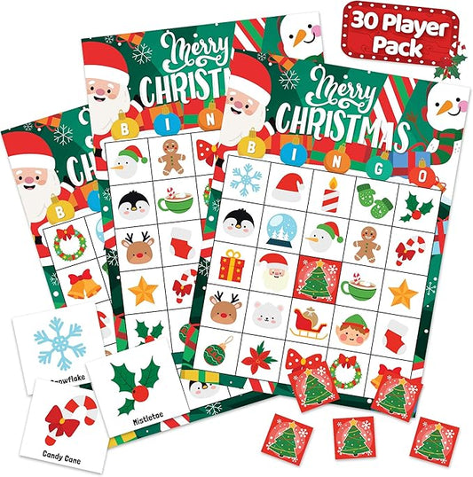 Christmas Bingo Game for Kids, Adults & Large Groups - 30 Players - Fun & Exciting Christmas Games for Family Party, Classroom Party - Reusable Christmas Bingo for Kids Christmas Party Games for Kids