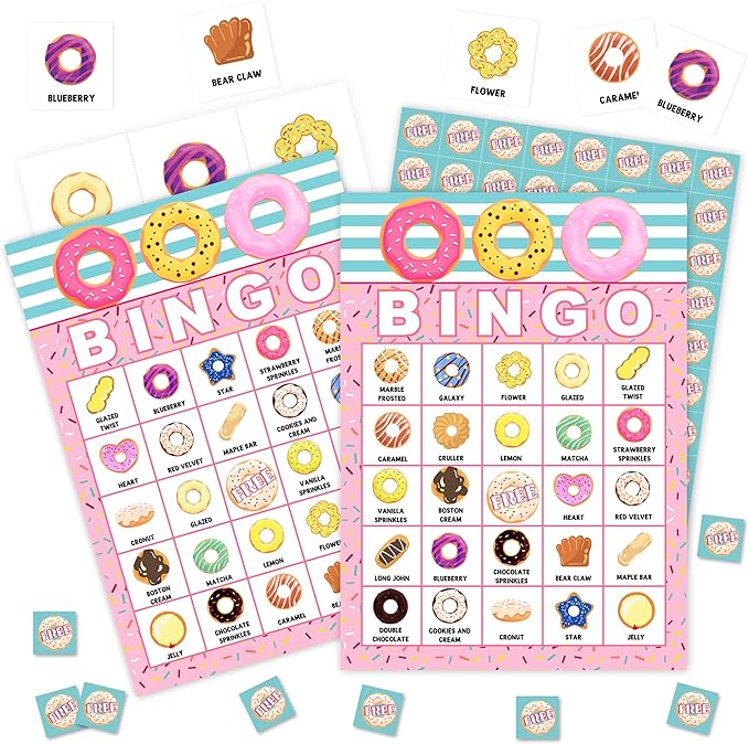 Donuts Games Bingo Cards, Gourmet Food Theme Bingo Game, Doughnut Baby Shower Game for Family Friends Large Multiplayer Group Activities, Donuts Party Birthday Favors Gifts -03