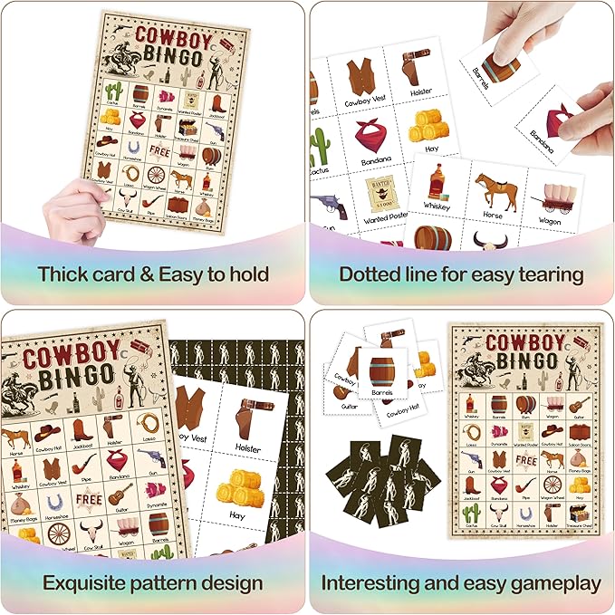 Cowboy Bingo Card Game, Wild West Bingo Set for Adults Family Friends, Western Party Decorations, Cowboy Bingo Kit for Birthday Party, Holiday Games for 24 Players -07