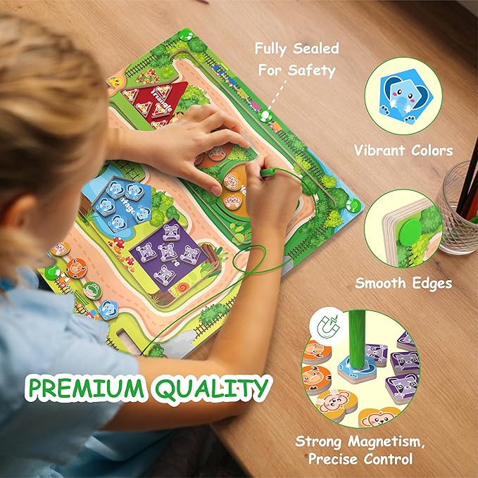 Magnetic Toys for Toddlers, Montessori Wooden Maze Puzzle Board - Fine Motor Skills Learning Toys for 3 4 5 Year Old, Color & Shape Matching Game, Sensory Educational Gift for Boys Girls