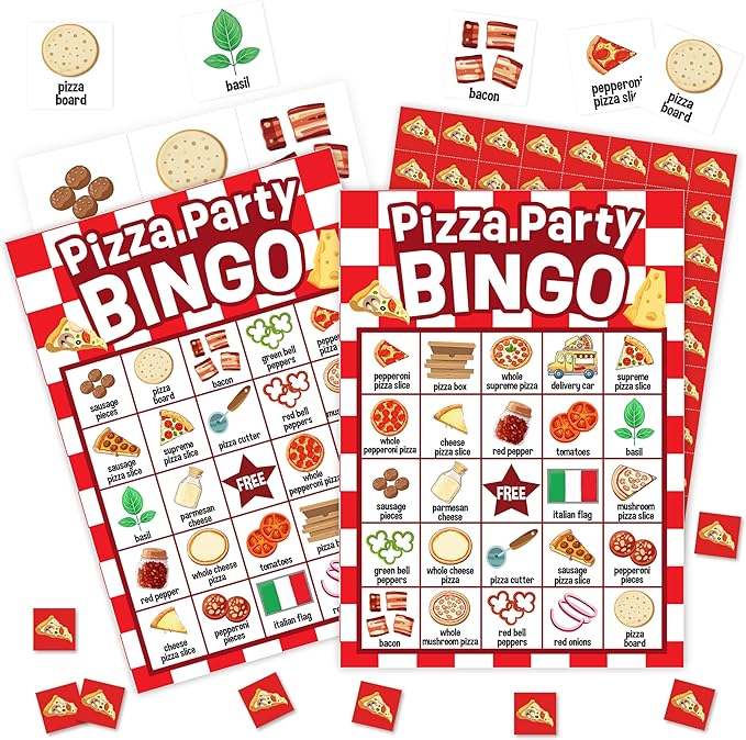 Pizza Games Bingo Cards, Gourmet Food Theme Bingo Game, Pizza Baby Shower Game for Family Friends Large Multiplayer Group Activities, Pizza Party Birthday Favors Gifts -02