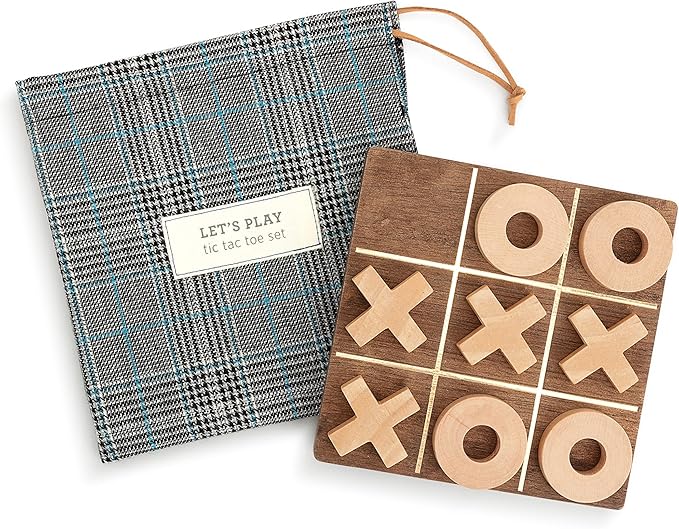 DEMDACO Let's Play Tic-Tac-Toe Blue Plaid 6 x 6 Wood Travel Game Bag Set