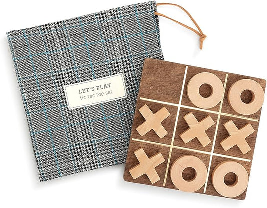 DEMDACO Let's Play Tic-Tac-Toe Blue Plaid 6 x 6 Wood Travel Game Bag Set