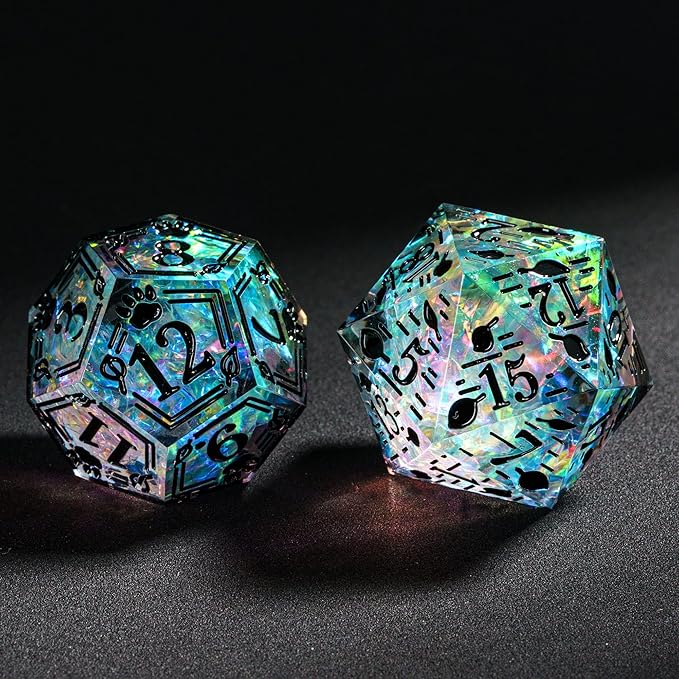 Cusdie 7-Die Sharp Edges DND Dice Set, Ranger Pattern Polyhedral D&D Dice Set for DND Dungeons and Dragons TTRPG Role Playing Games(Transparent w/Black Ranger Pattern)