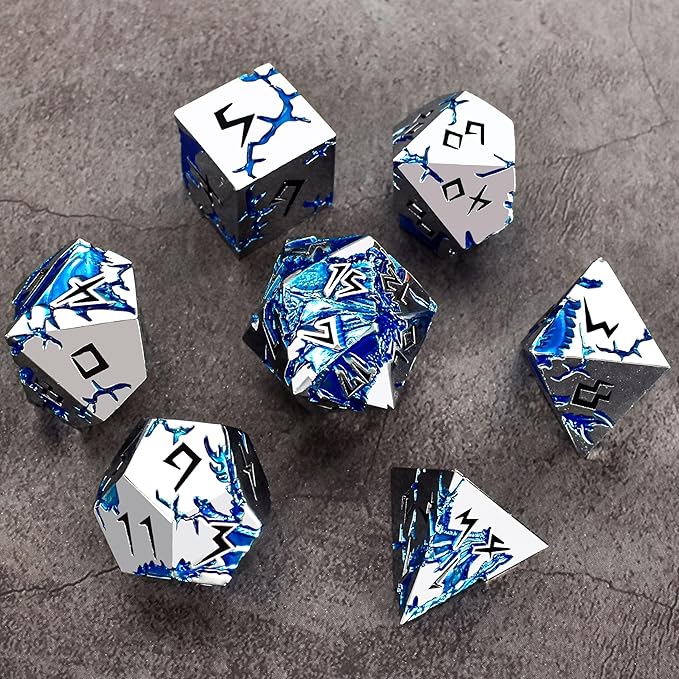 Rule Dice - Dungeons and Dragons Metal Dice Set, D&D Set with D20, D4, D12, D10, D%, D8, D6 - Blue Dragon Style, Silver Black