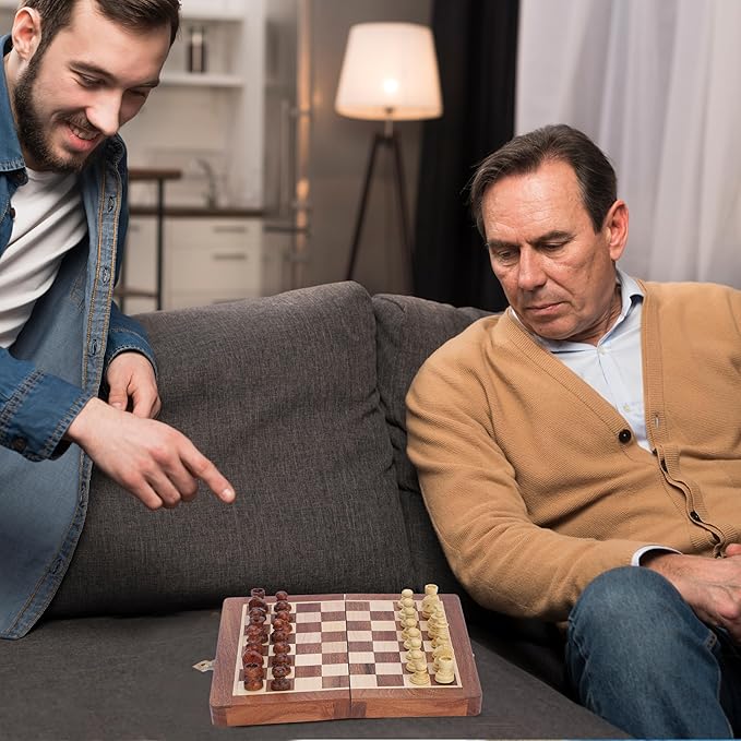 Ajuny Magnetic Travel Chess Set - Handcrafted Acacia Wood, Foldable Board with Elegant Storage Ages