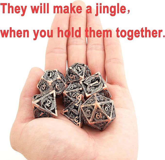 Hollow Metal DND Game Dice Dragon Shape Carved Antique Copper 7Pcs Set for Dungeons and Dragons RPG MTG Table Games D&D Pathfinder Shadowrun and Math Teaching (with Metal Case) ?-