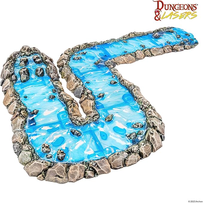 Dungeons & Lasers Modular River DND Terrain - 8 Pieces with Clear Plastic for Realistic Water Effect - for D&D and 5E Compatible Tabletop RPG Games - Unpainted and Unassembled - Ages 14 Years and up