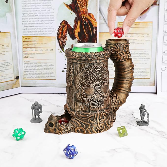 DND Dice Tower – Hand-Painted Dice Rolling Tower for Tabletop RPGs – Gothic Dice Storage, Pen Organizer, and Beverage Holder Perfect for Dungeons & Dragons TTRPG Games (RF286C Skull Cup Bronze)
