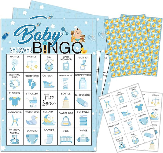 5"x7" Blue Baby Shower Bingo Cards (24 Kinds), Baby Shower Party Favors for Adult, Road Trip Activities, Travel Bingo, Family Outdoor Party Activity -004