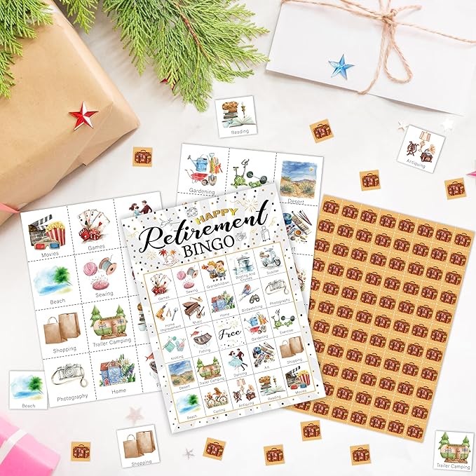 Retirement Party Bingo Card, Happy Retirement Party Bingo Game For Adults Friends Colleagues, Farewell Party Bingo Set, Black Gold Retirement Party Decorations, Office Games For 24 Players -03
